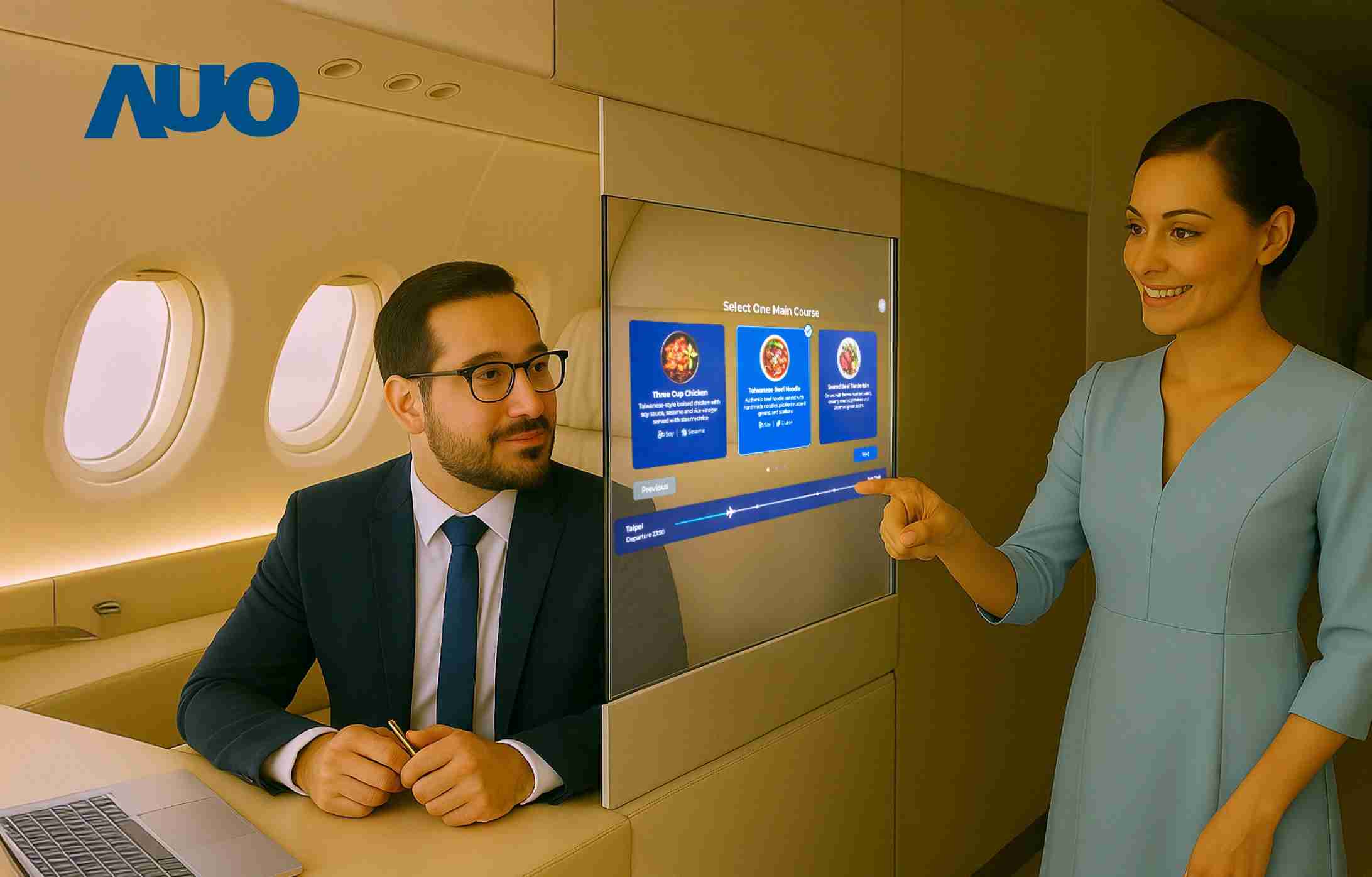 人生就是博研发全球最薄17.3 吋双面透明 Micro LED 显示器，，，可在同一屏幕之双边投射不同信息，，，创造独特的”透明化”互动；图为实时翻译交流应用情境